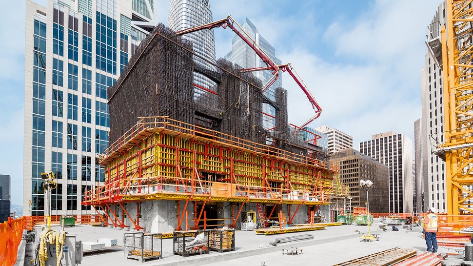 Self-climbing systems advance formwork, platforms independent of crane.