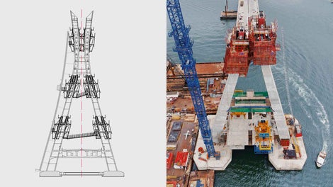 图中90米高的桥塔，派利在为90米高的桥塔制定方案时，将爬模系统结合电梯与通道整体考虑。