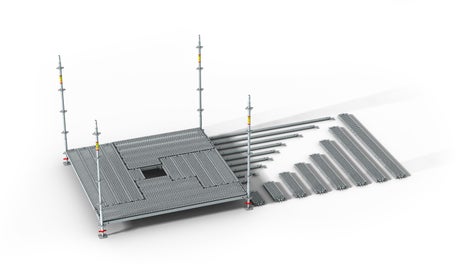 Das PERI UP Fassadengerüst für komplexe Gebäudestrukturen bietet ein Systemraster von 25 cm und 50 cm. Die Vielfalt an Riegeln mit Längen ab 25 cm erlaubt auch den Richtungswechsel von Belägen. Das sorgt für maximale Anpassungsfähigkeit an projektspezifische Geometrien – ganz ohne Kupplungen.