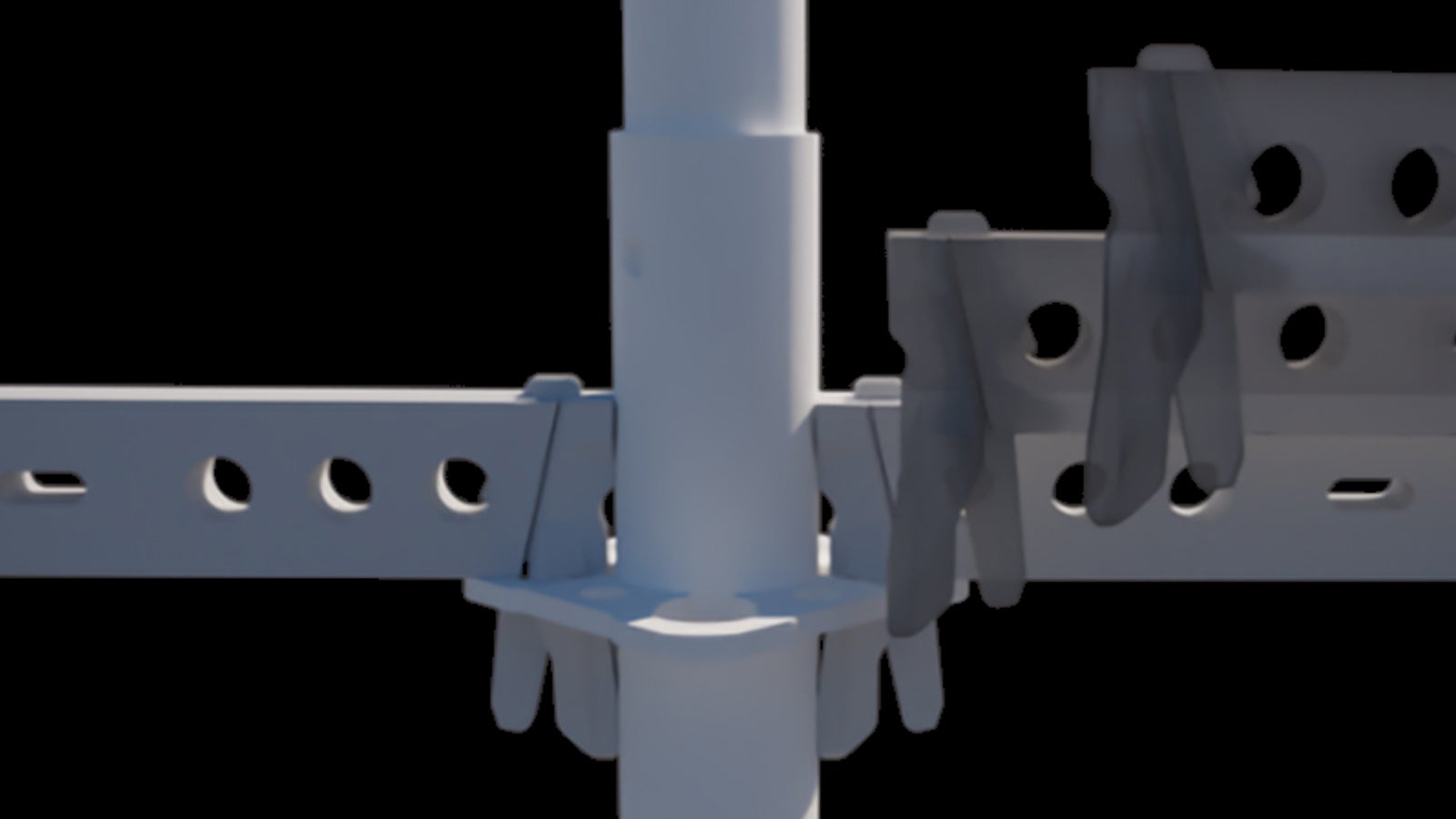 The gravity lock facilitates fast assembly of the modular scaffolding: by inserting the wedge head into the PS100 Rosette Connector, the wedge drops by force of gravity into the hole and then locks.