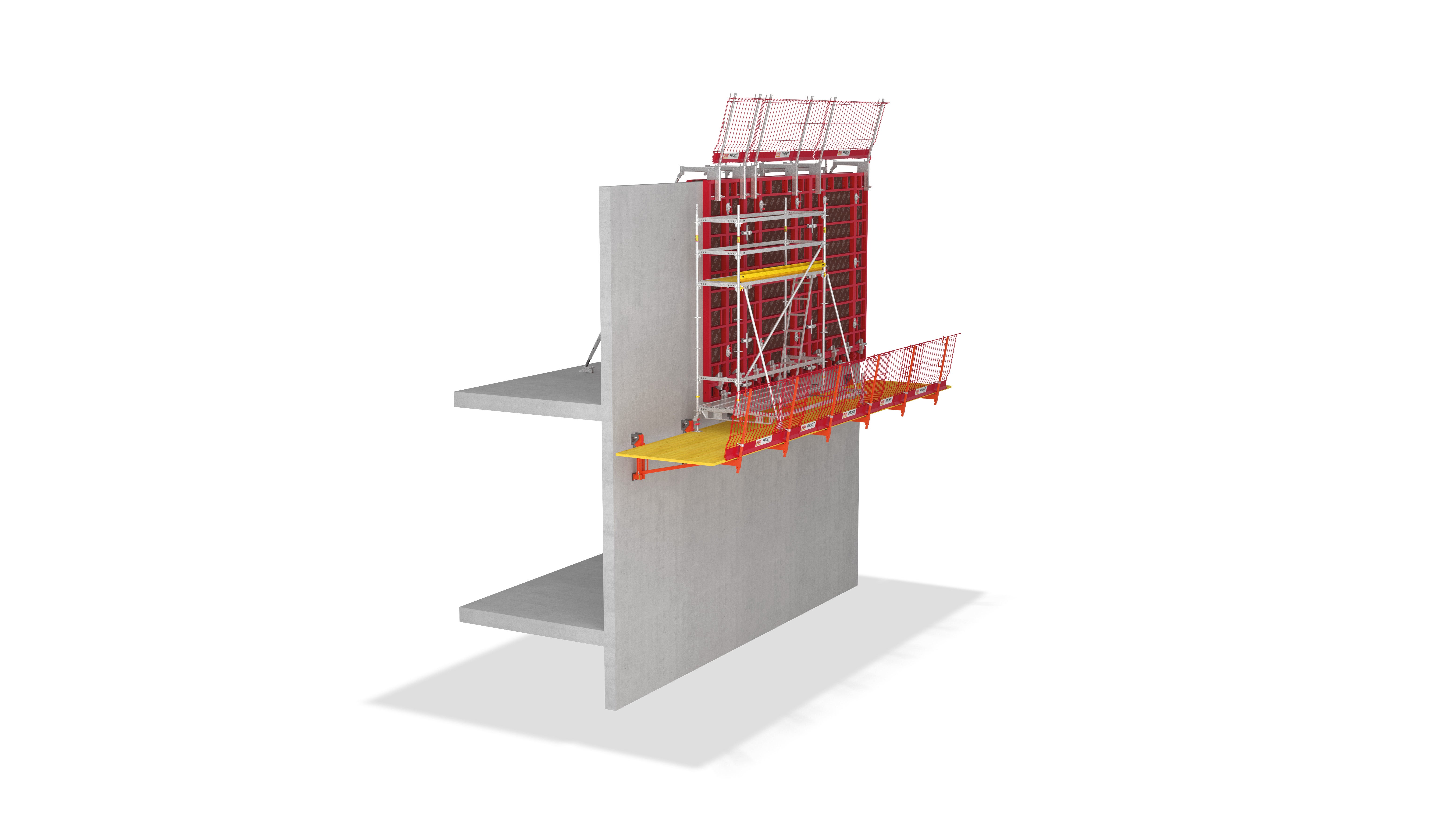 En tant que plate-forme de travail dans la construction de bâtiments, la console pour corniche VGK permet un processus de construction sûr. Les éléments relativement légers sont préassemblés au sol et suspendus à la structure comme une unité de plate-forme complète. En outre, des échafaudages de ferraillage peuvent être fixés à la plate-forme de travail fermée. De cette façon, le travail est effectué à partir d'une position sécurisée, ce qui élimine le besoin d'un échafaudage de façade.