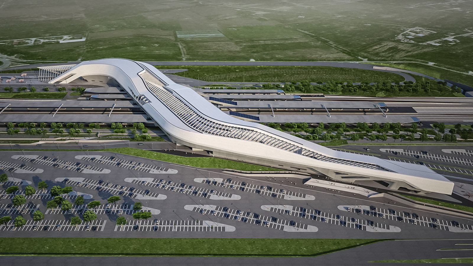 Stanica z pera Britsko – Irackej architektky Zaha Hadid bola navrhnutá ako most vo výške 30 m nad železničnými traťami, ktoré zároveň prepája. Železničná stanica s futuristickým tvarom predstavuje vstupnú bránu do Neapola. (Fotka: Zaha Hadid Architects)