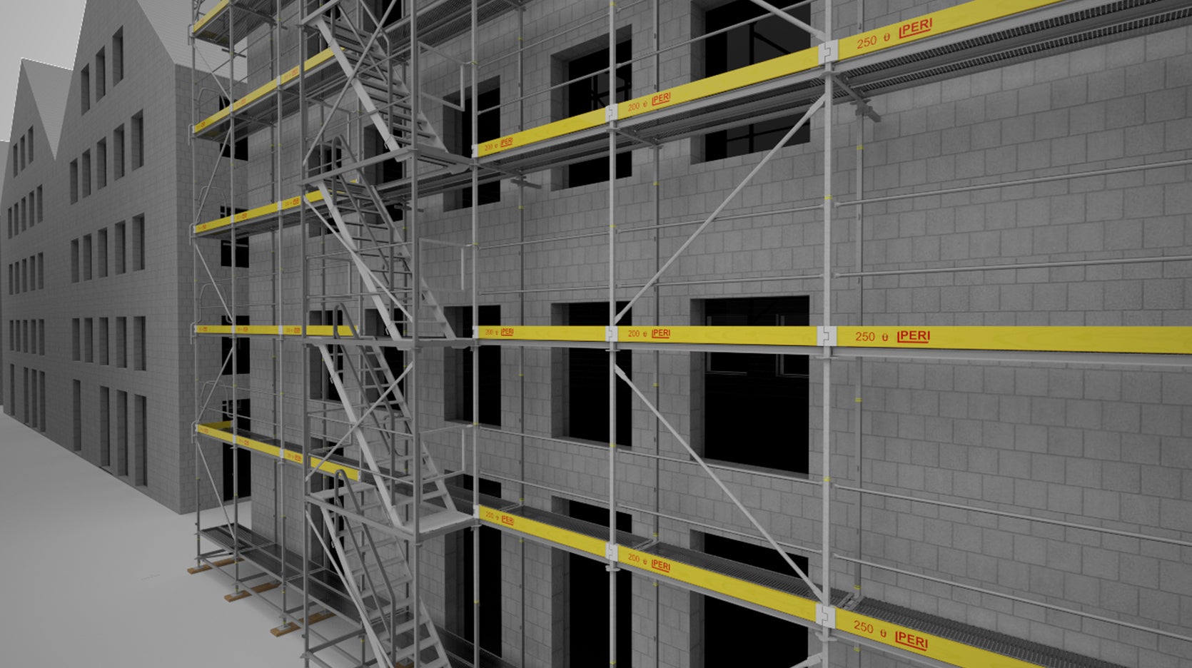 Scaffmax rüstet nach den Rüstvorgaben automatisch, baut die Eckverbindungen entsprechend ein und berücksichtigt die Bodenbeschaffenheit.