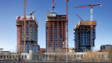 The buildings take on their complex and unusual form through the use of sophisticated systems.