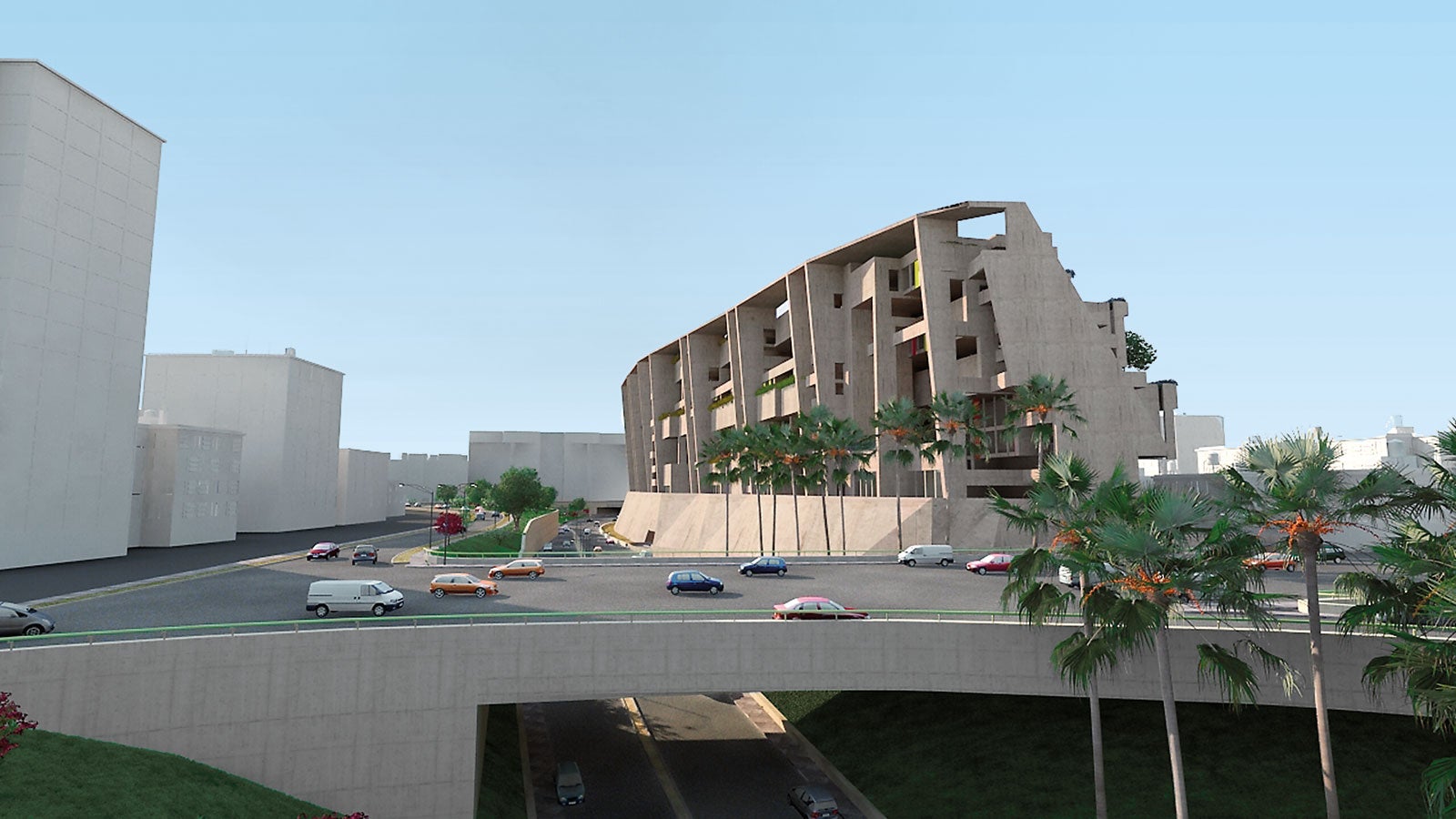 The grandstand-style, almost 50 m high university campus building has the effect of a steep, artificial cliff when viewed from the motorway, and cascades downwards in a series of steps in a southern direction. (Illustration: Gafton Architecs)