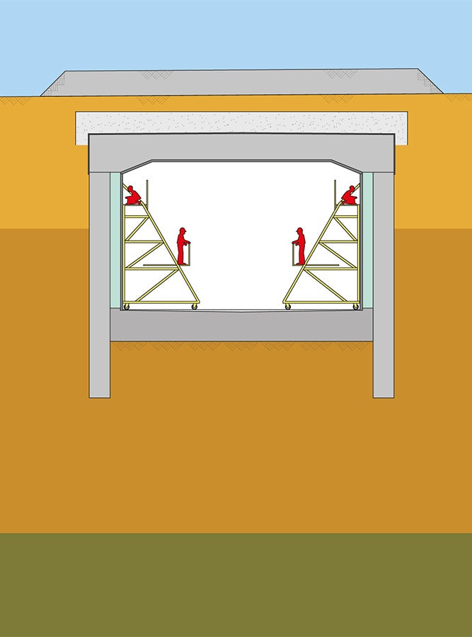 Die Tunneldecke wurde nach den Schlitzwänden betoniert und auf diesen aufgelagert. Danach begannen die Aushubarbeiten, beginnend vom Einfahrtsportal.