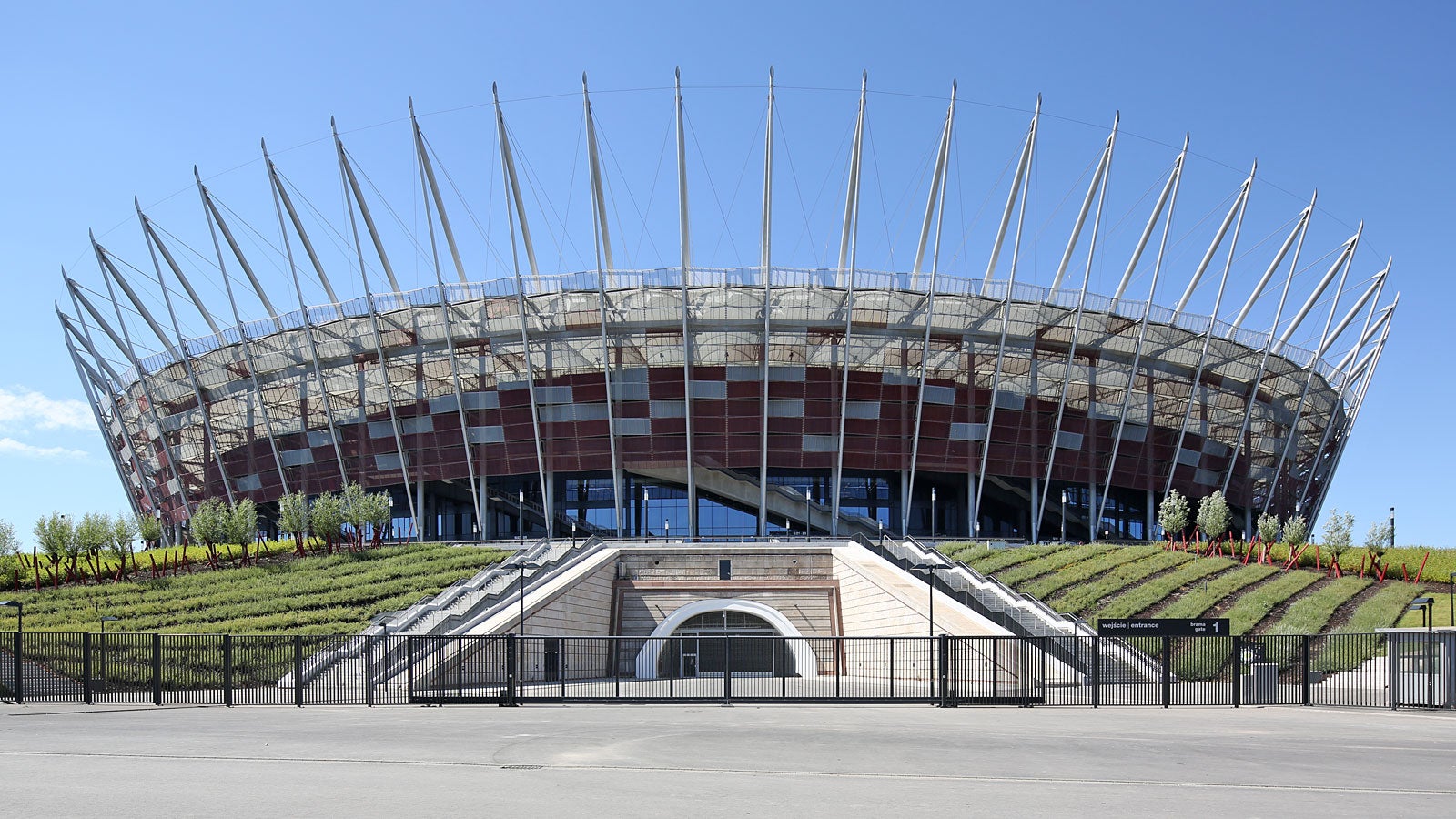 The stadium has seating for 60,000 spectators as well as two parking levels for 1,800 cars underneath the pitch.