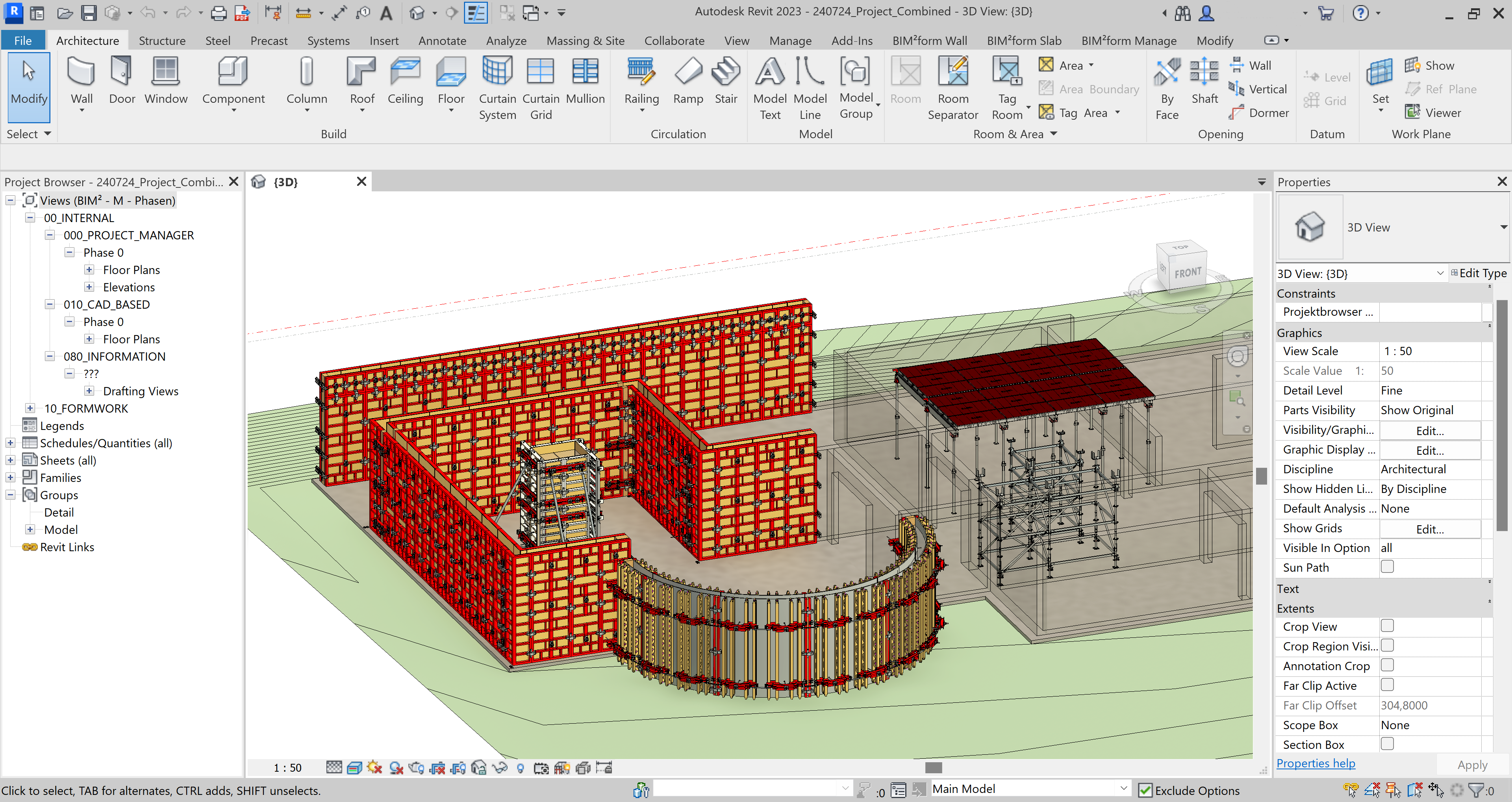 Ein Projekt mit Wand- und Deckenschalungen sowie Stütztürmen in Autodesk Revit.