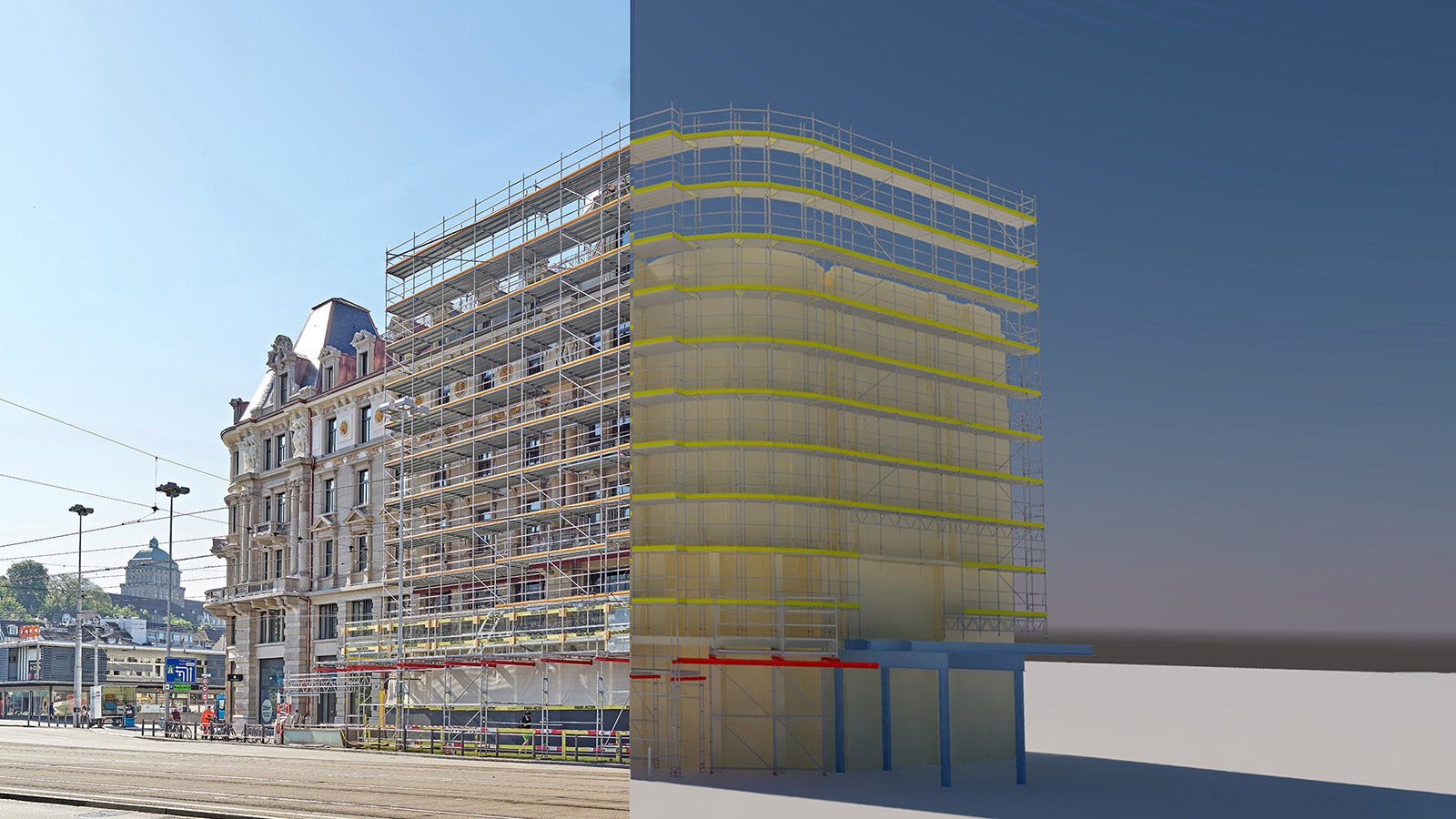  Succesul proiectului prin planificare digitală: scanare laser 3D, planificare CAD și BIM<br/>a deschis calea pentru planificarea detaliată a schelei, inclusiv utilizarea timpului și a materialelor, în ciuda geometriei complexe a clădirii.<br/>