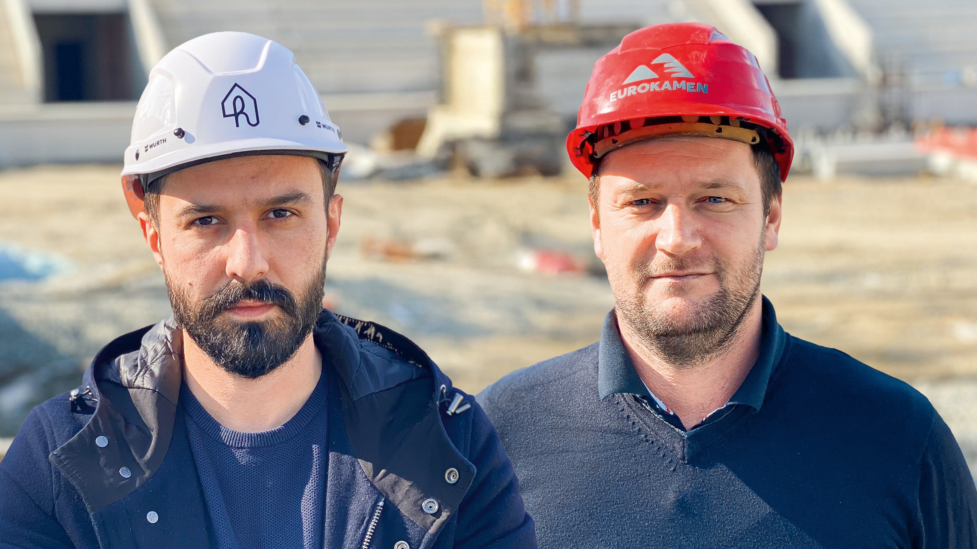 Hrvoje Sučić and Marko Ilić from Eurokameni d.o.o., Osijek, Croatia in front of the construction site at the New stadium for NK Osijek in Croatia.