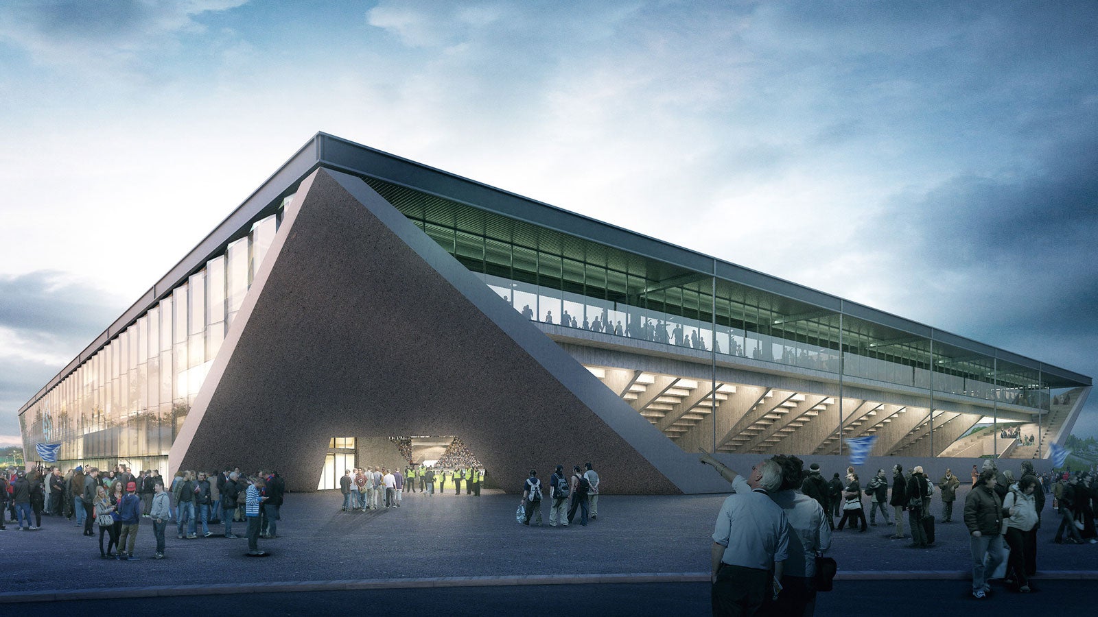 Vue du stade avec son remarquable portail d'entrée.