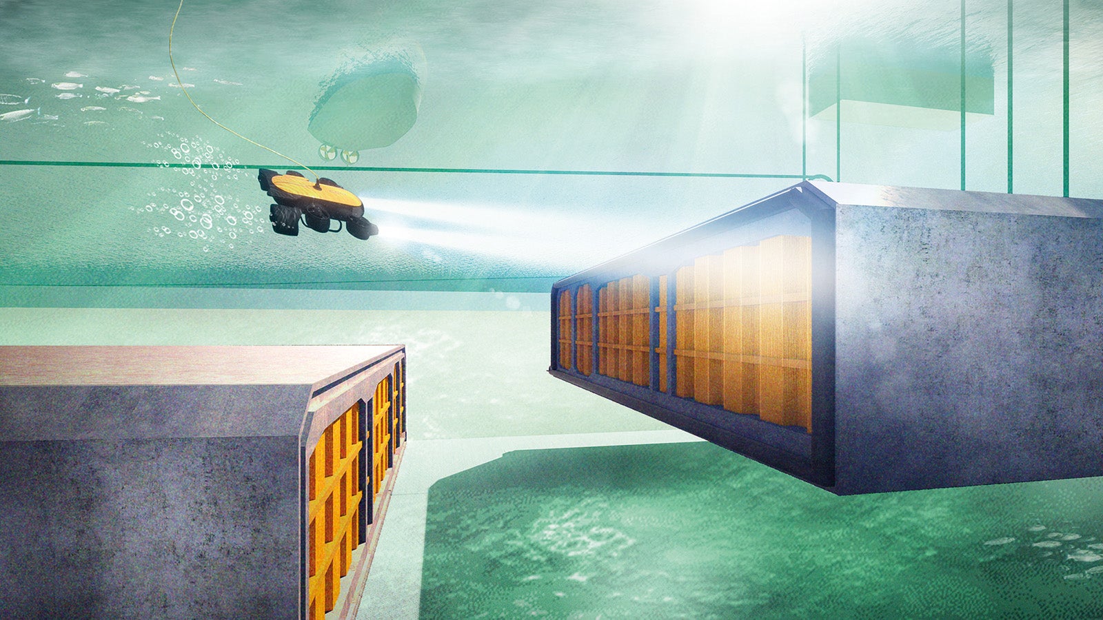 Visualisierung des Absenkens und der Verbindung der Tunnelelemente. <br/>(Illustration: Femern A/S)