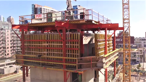 The suspended formwork rolls back very far allowing plenty of work and storage space on the outside platform between the wall and form