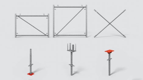 连接框架、对角撑杆、十字柱头螺杆、定位螺母、螺杆、柱底板和支托板。