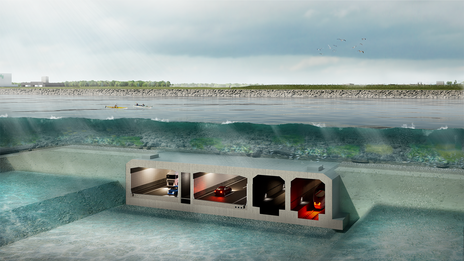 Visualisierung des Tunnels nach seiner Fertigstellung mit seinen fünf Korridoren.<br/>(Foto: Femern A/S)