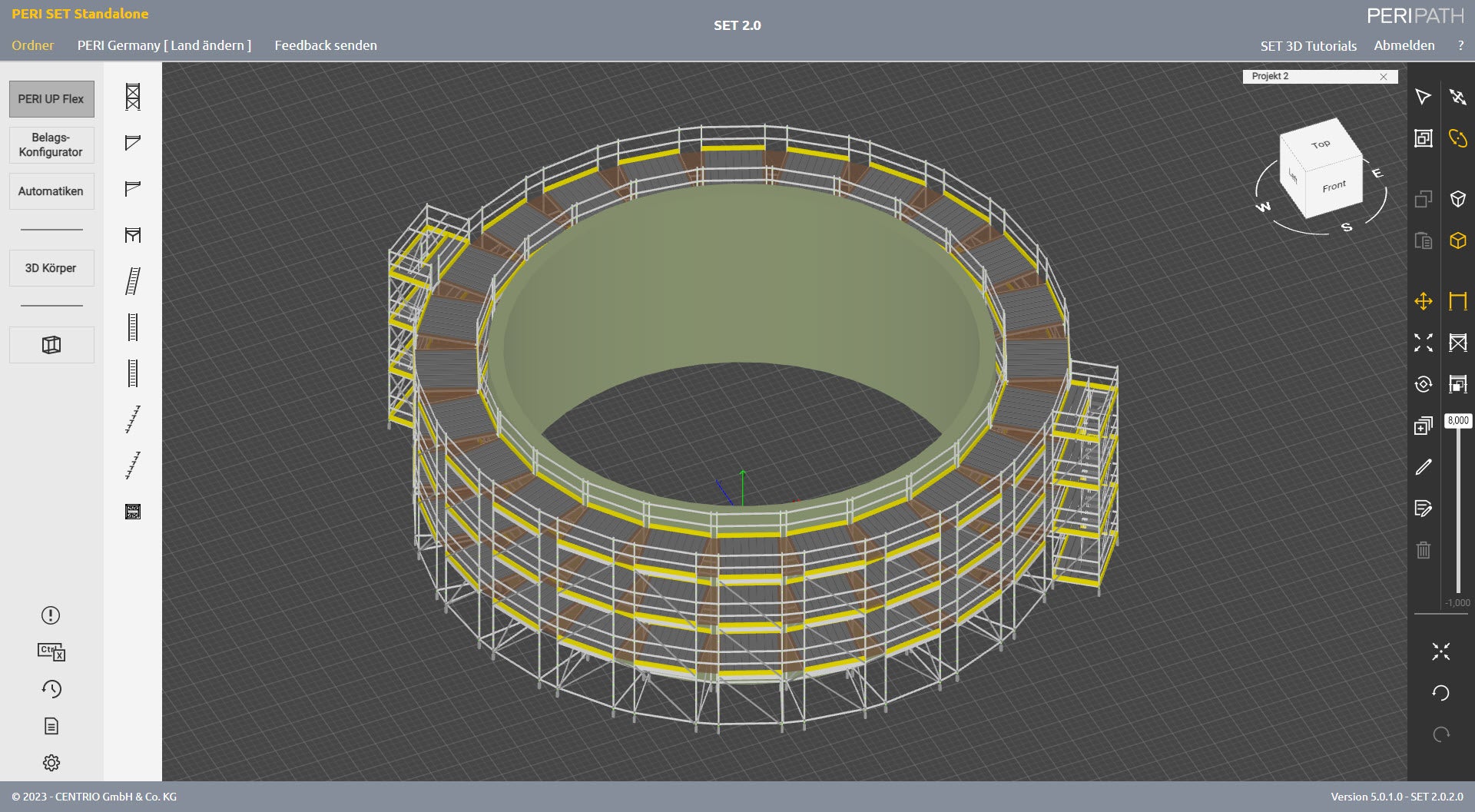 The automatic function supports you in planning circular arrangements of scaffolding. In just a few clicks, SET automatically arranges the scaffolding units at the required radius. In addition, the environment in which the scaffolding is planned can be represented by placing 3D bodies.