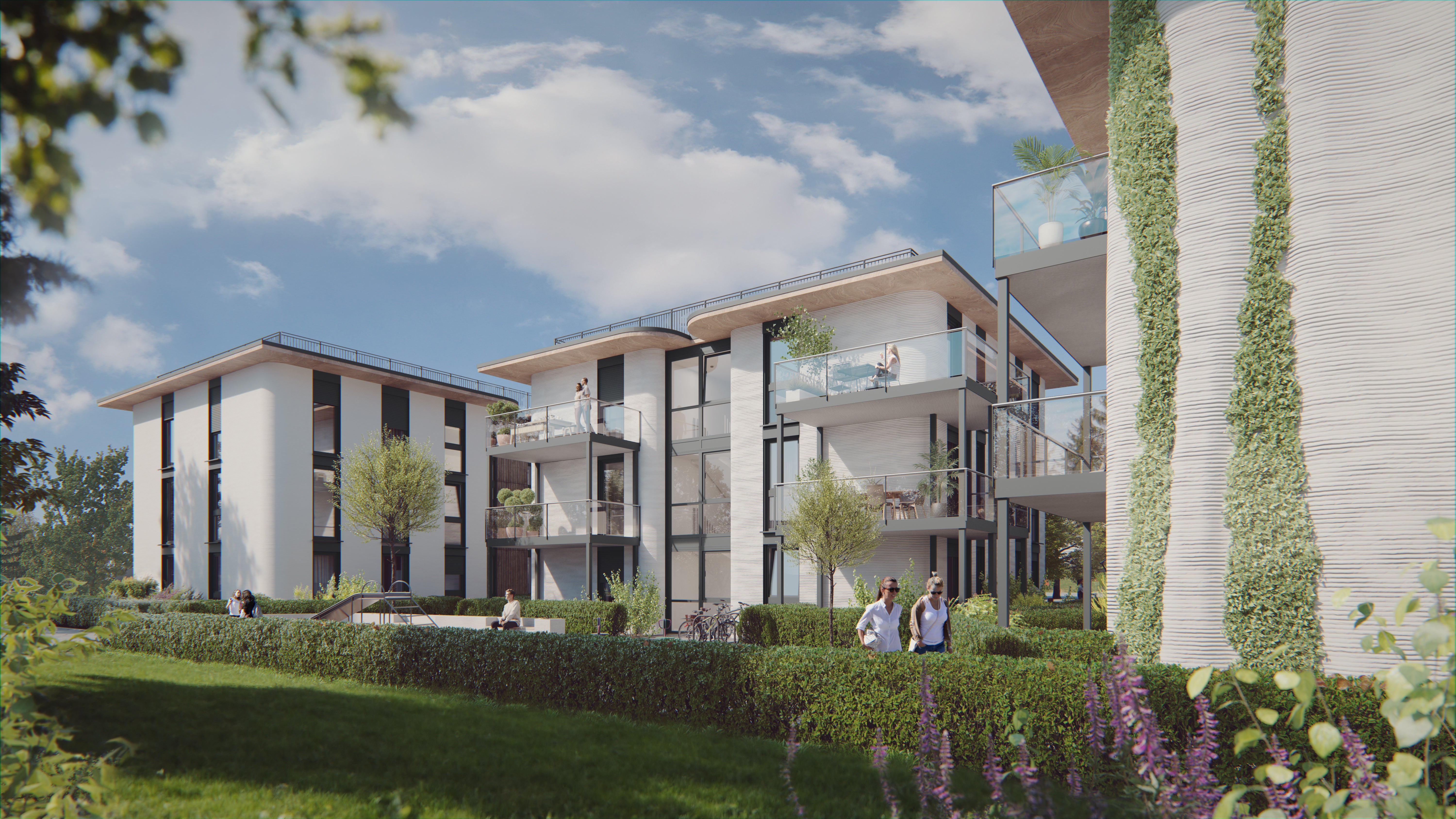 Im Frühsommer 2026 werden die Gebäude für gewerbliches Wohnen bezugsfertig sein. Der künftige Mieter MyStay Scherer wird hier das Boarding-House „HEI³ Apartments – Heidelberg hoch 3” als Serviced Apartments zum Wohnen auf Zeit anbieten.<br/>(Rendering: Korte-Hoffmann Gebäudedruck und PERI 3D Construction)