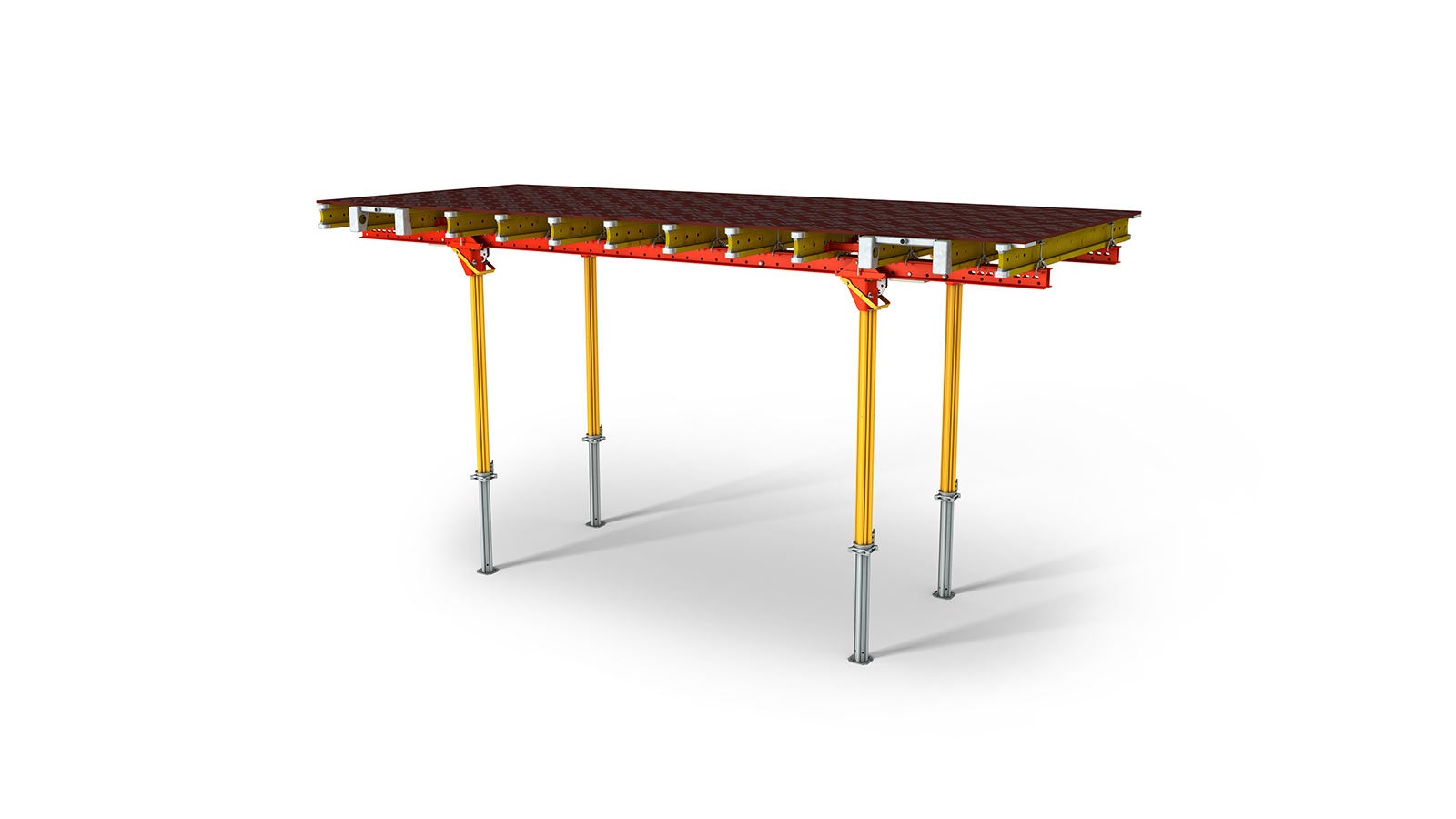 Die Deckentische mit Stahlriegel SRU als Jochträger sind die perfekte Ergänzung am Deckenrand zu den Tischmodulen VT. Mit 36 cm Bauhöhe wird wenig Lager- und Transportvolumen benötigt.<br/>