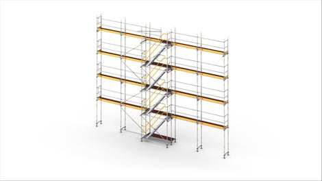 Die PERI UP Treppe in 67 cm Breite – übergangslose Montage über den integrierten Gerüstknoten des Easy Rahmen oder Easy Stiel an das PERI UP Fassadengerüst