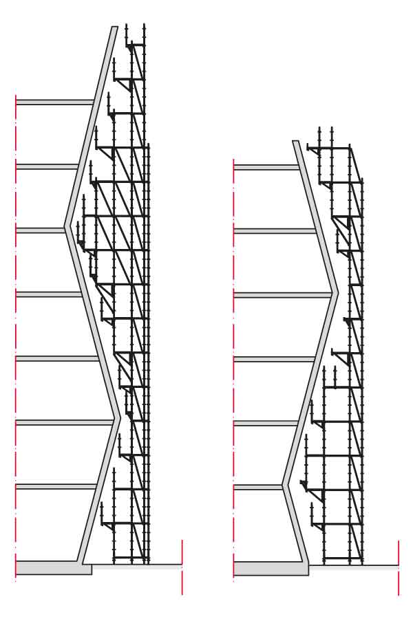 Anpassungen an die Gebäudeform erfolgen im einheitlichen Raster von 25 cm, das bietet hohe Flexibilität für komplexere Fassadeneinrüstungen