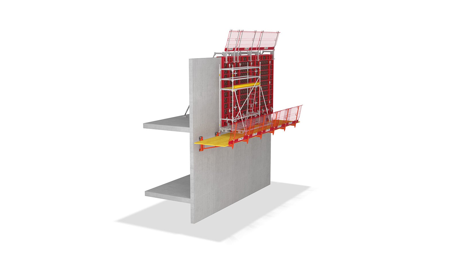 As a work platform in building construction, VGK enables a safe construction process. The comparatively light components are pre-assembled on the ground and suspended from the structure as a complete platform unit. In addition, reinforcement scaffolds can be attached to the closed work platform. In this way, the work is carried out from a secured position, which eliminates the need for a facade scaffold.