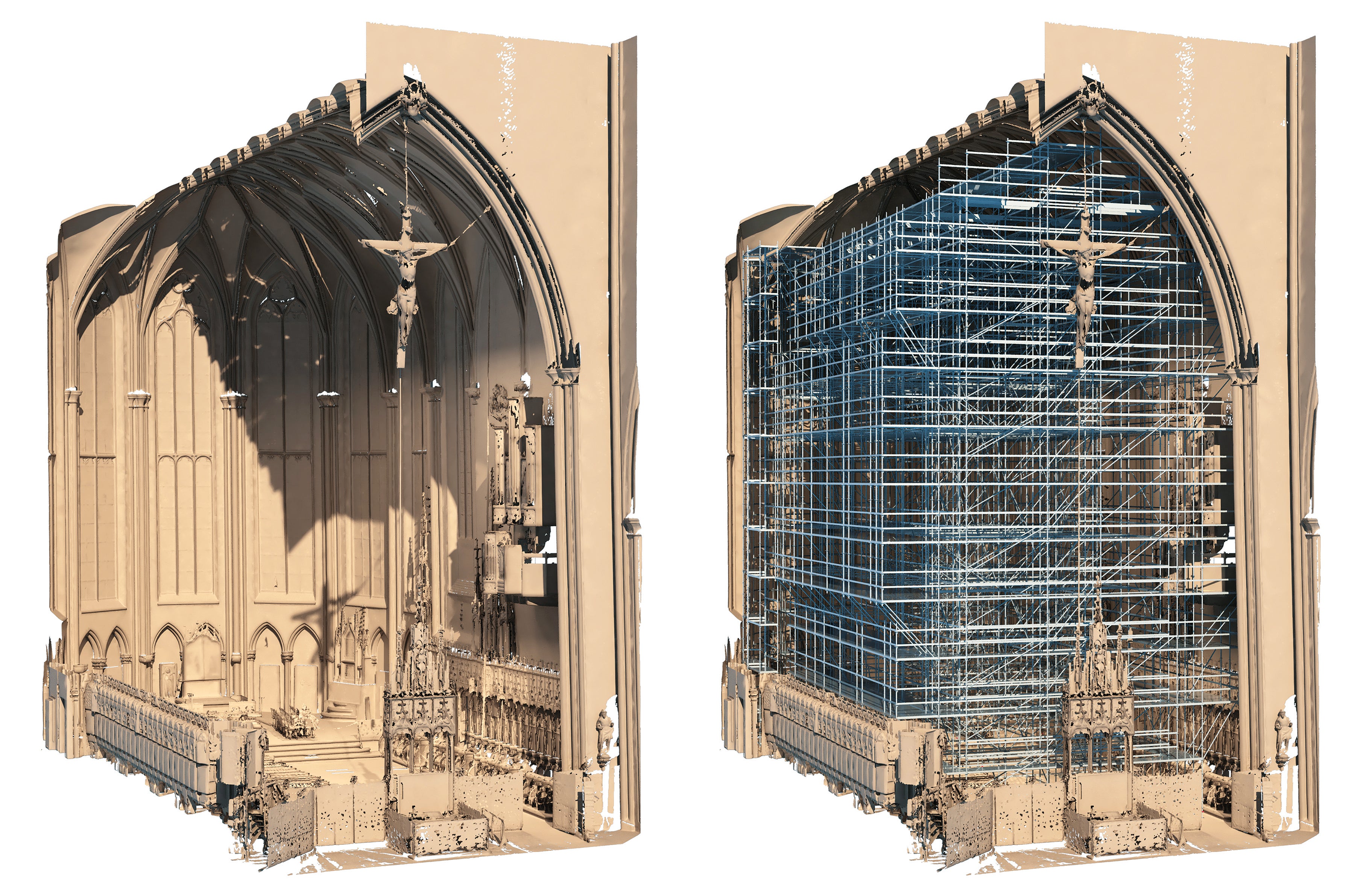 The interior was measured without any as-built plans using 3D laser scanning and this was transferred into a 3D building model – providing the basis for the scaffold planning with PERI CAD.