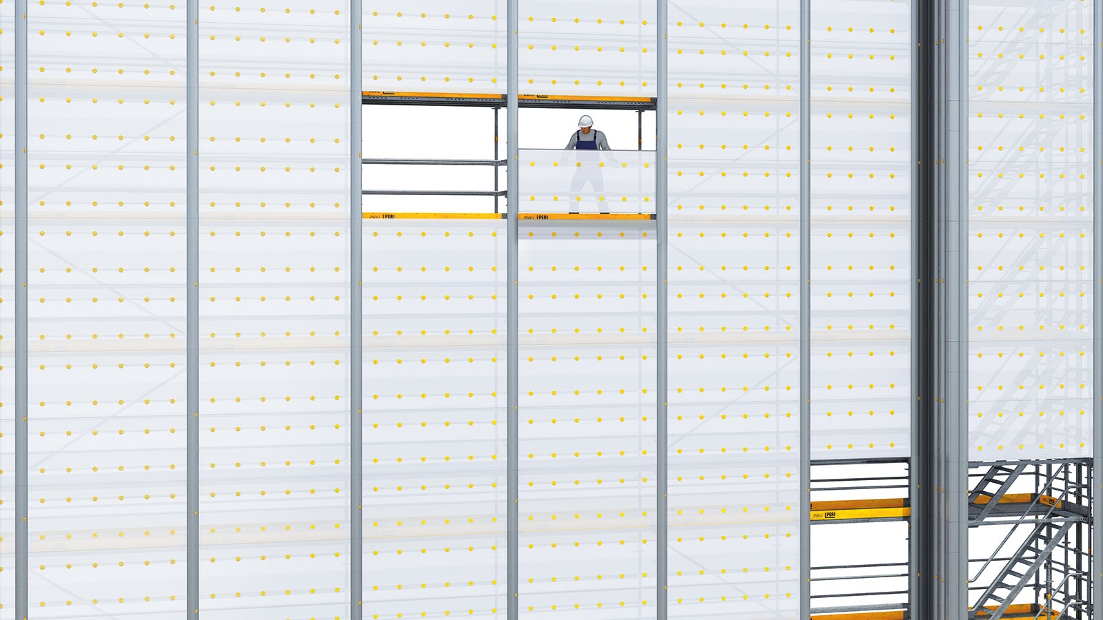 Neben dem leichten Bauteilgewicht und der geringen Anzahl an unterschiedlichen Bauteilen ist besonders die flexible Entnahme einzelner Paneele ein großer Vorteil von PERI UP Cladding. Die Montage erfolgt aus einer gesicherten Position und direkt am bestehenden Gerüst.