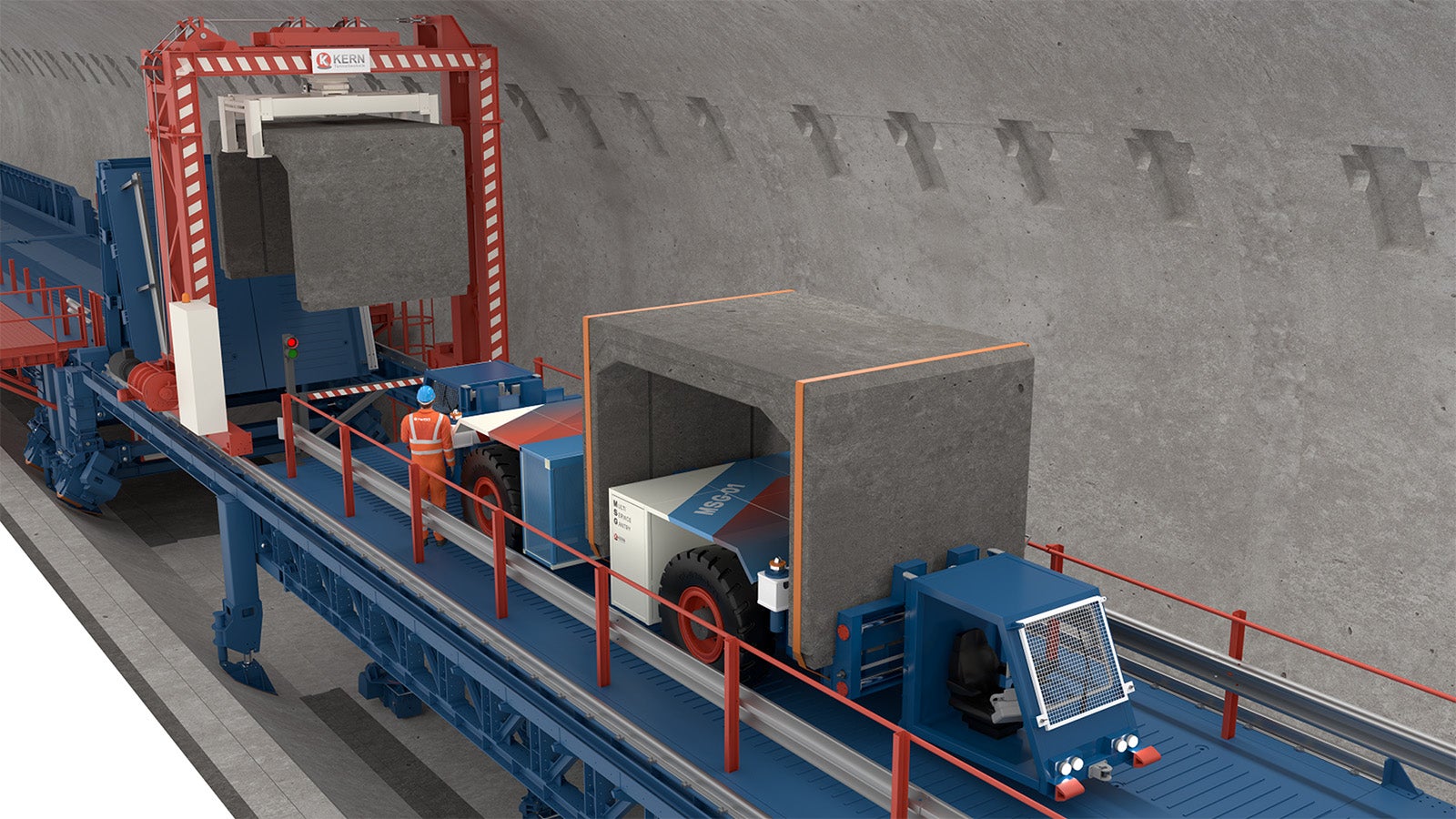 Outstanding engineering and supply project by KERN for Gubrist Tunnel renovation with logistic bridge and transport system: Invert casting, culvert placement crane with manipulator, transport by MSG-01. 