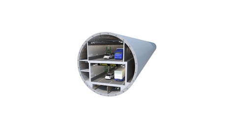 Within the drilled tunnel tube with a diameter of around 17.50&nbsp;m, a double-story road tunnel is being realized – mainly constructed using in-situ concrete together with a comprehensive PERI solution. (Rendering: Washington State Department of Transportation)