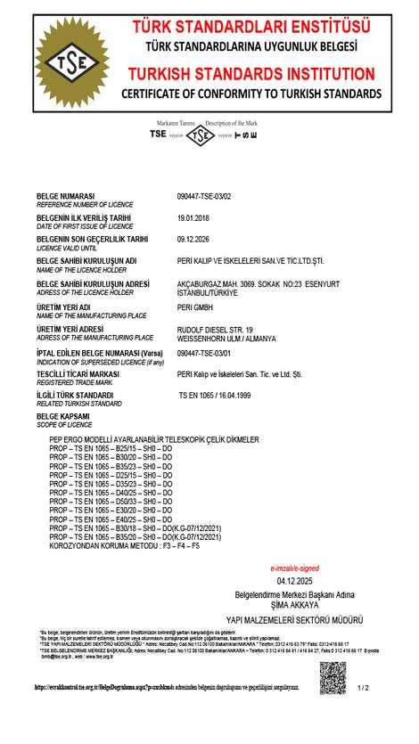 TS EN 1065 Ayarlanabilir Çelik Teleskobik Dikmeler