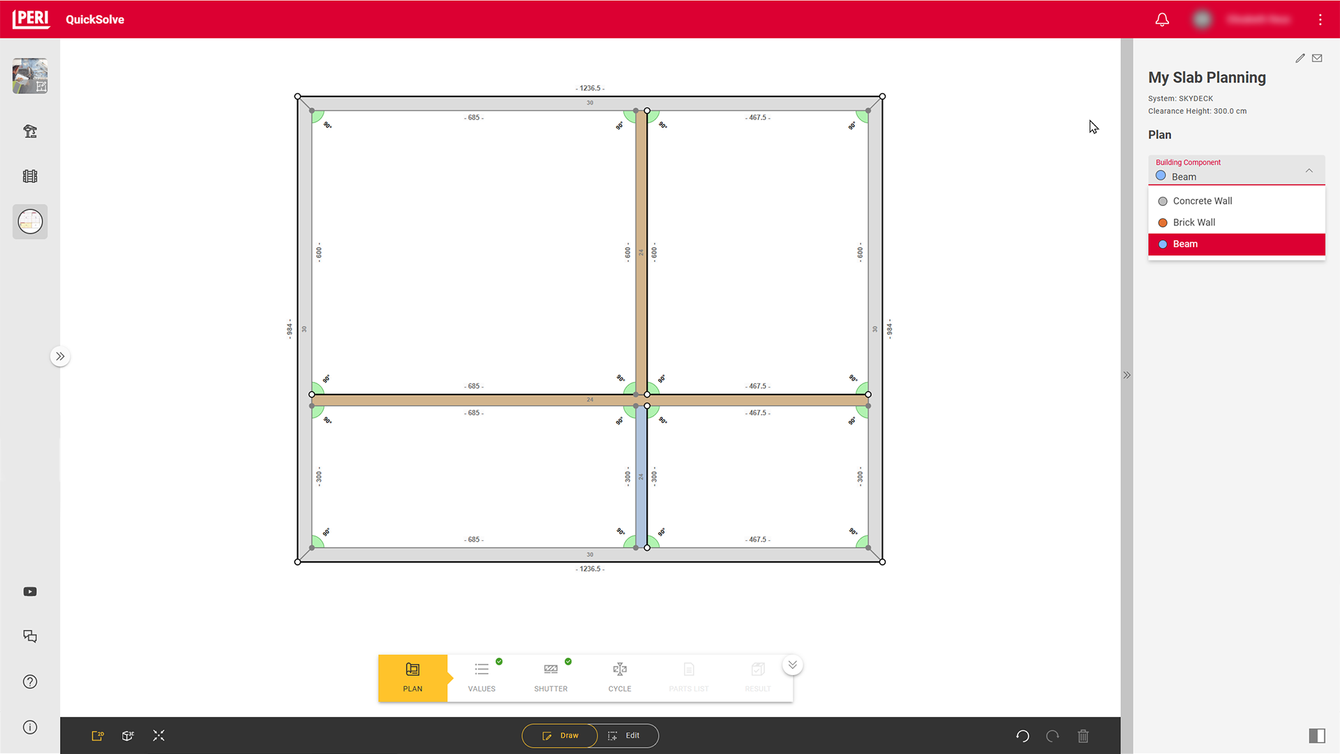 Auf Basis der Eingabe Ihres Grundrisses wird automatisch Ihre Deckenschalungslösung in 3D erstellt. Bei der Planung können Sie die Wandarten definieren und festlegen, welche Stützenarten und -köpfe die Planung berücksichtigen soll. Stücklisten, Pläne und Screenshots der Lösung lassen sich für einen einfachen Aufbau als PDF-Datei exportieren. 