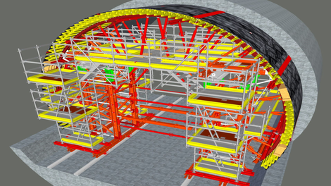 Galerie Gambetta du tunnel EOLE au CNIT, La Défense : image en 3D du projet de tunnel avec étaiements PERI UP et VARIOKIT. (Image : PERI France)<br/>