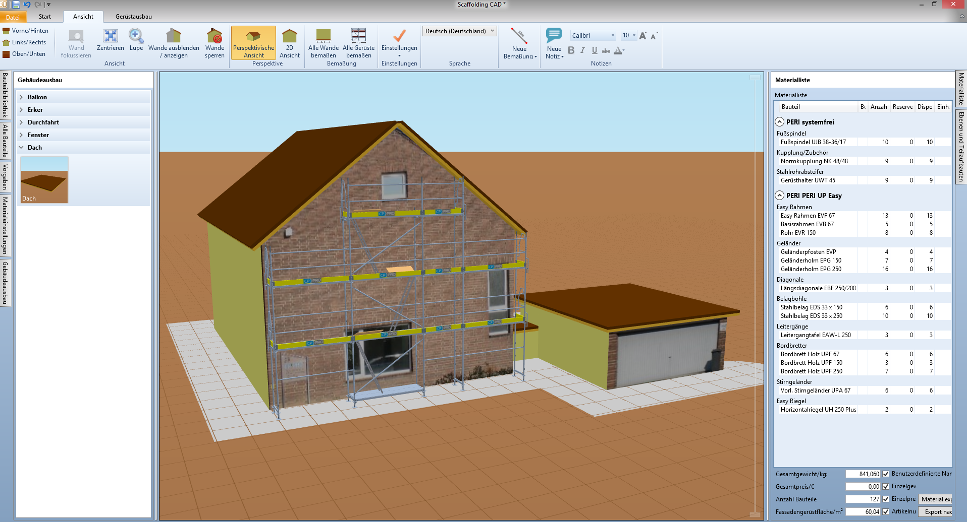 Scaffolding CAD calcule non seulement le mode de montage, mais aussi les listes de matériel à partir desquelles l'échafaudage peut être commandé ou préparé.