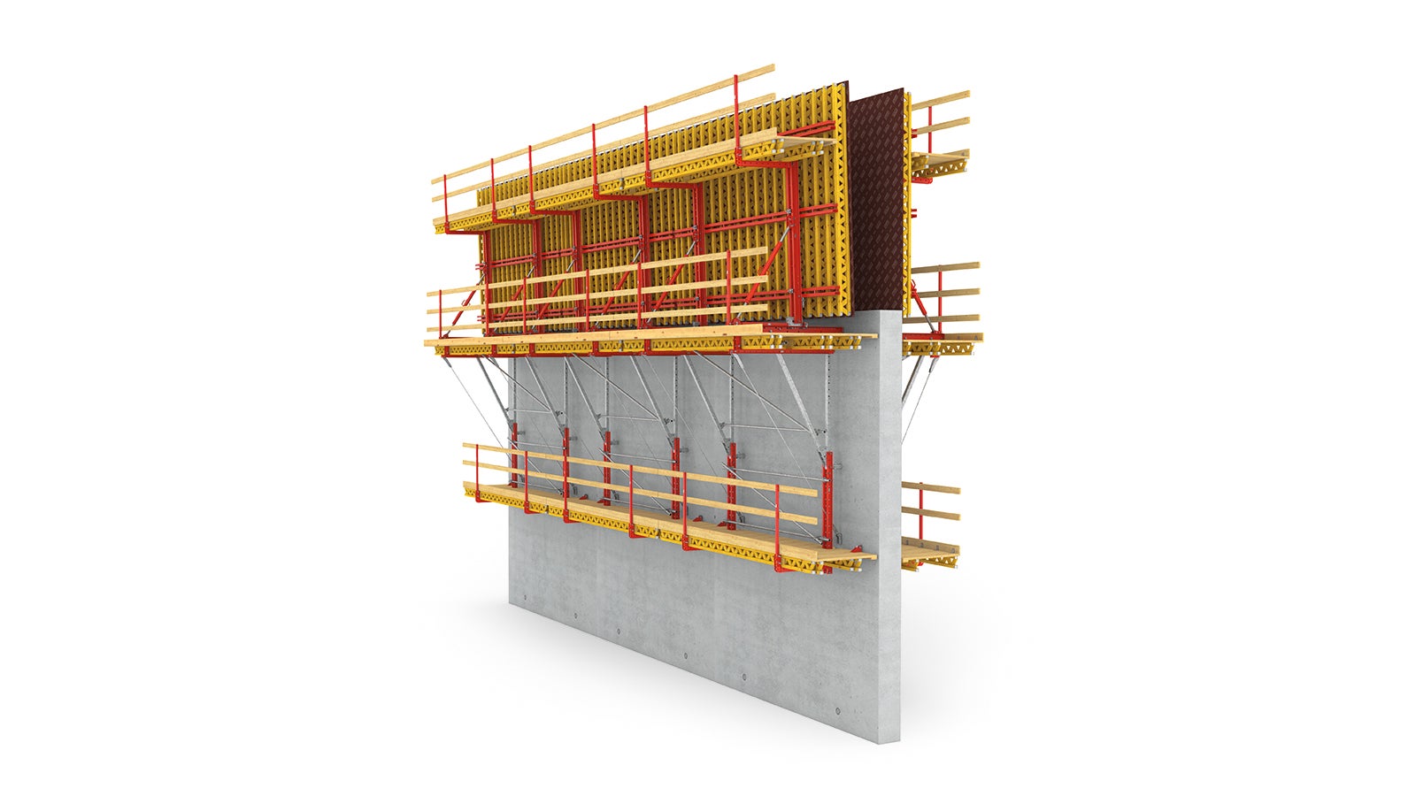 Avec PERI SCS, les charges provenant de la pression de bétonnage sont, via la console, reprises par les ancrages grimpants de la phase de bétonnage précédente, sans tiges traversantes. <br/>