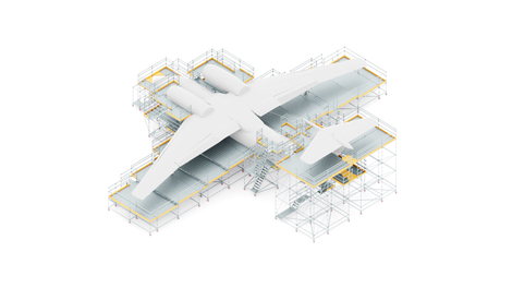 Наличие консолей, а также возможность проектирования специальных элементов по индивидуальному заказу, делает возможным установку конструкции из лесов максимально близко к фюзеляжу судна. 