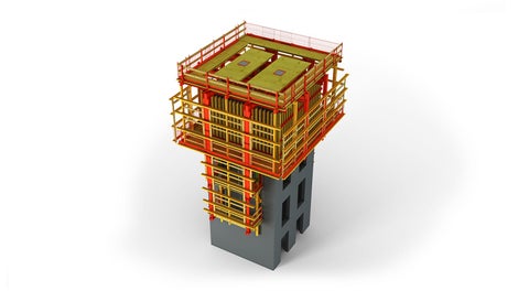 ACS P - the solution for advancing cores of high-rise buildings and tower-like structures - combined with ACS G. Both formwork sides are movably attached to the cantilevered platform beams.