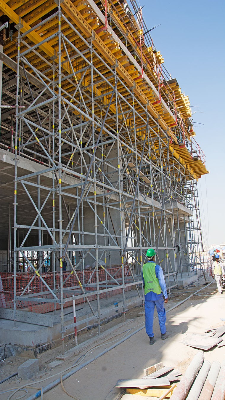 PERI UP used for the GF and 1st floor as support to the slabs with a combination of SKYDECK and GT24 girders due to a slab height of 6m.
