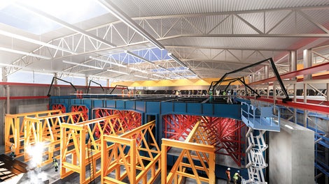 Visualisierung der Halle für das Gießen der Betonelemente in der Tunnelelementfabrik. (Illustration: Femern A/S)