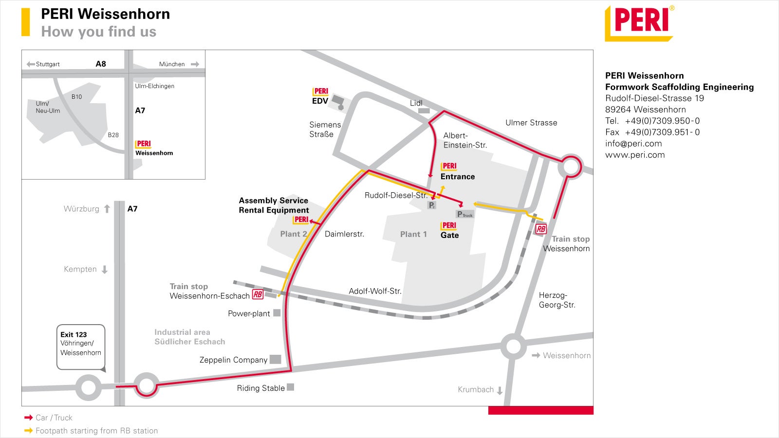 PERI Weissenhorn<br/>Schalung Gerüst Engineering<br/>Rudolf-Diesel-Strasse 19<br/>89264 Weissenhorn<br/>Tel. +49(0)7309.950- 0<br/>Fax +49(0)7309.951- 0<br/>weissenhorn@peri.de<br/>www.peri.de