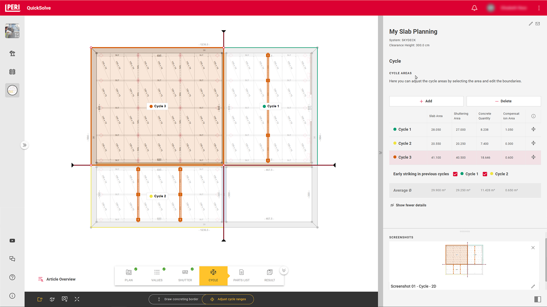 Auf Basis der Eingabe Ihres Grundrisses wird automatisch Ihre Deckenschalungslösung in 3D erstellt. Bei der Planung können Sie die Wandarten definieren und festlegen, welche Stützenarten und -köpfe die Planung berücksichtigen soll. Stücklisten, Pläne und Screenshots der Lösung lassen sich für einen einfachen Aufbau als PDF-Datei exportieren. 