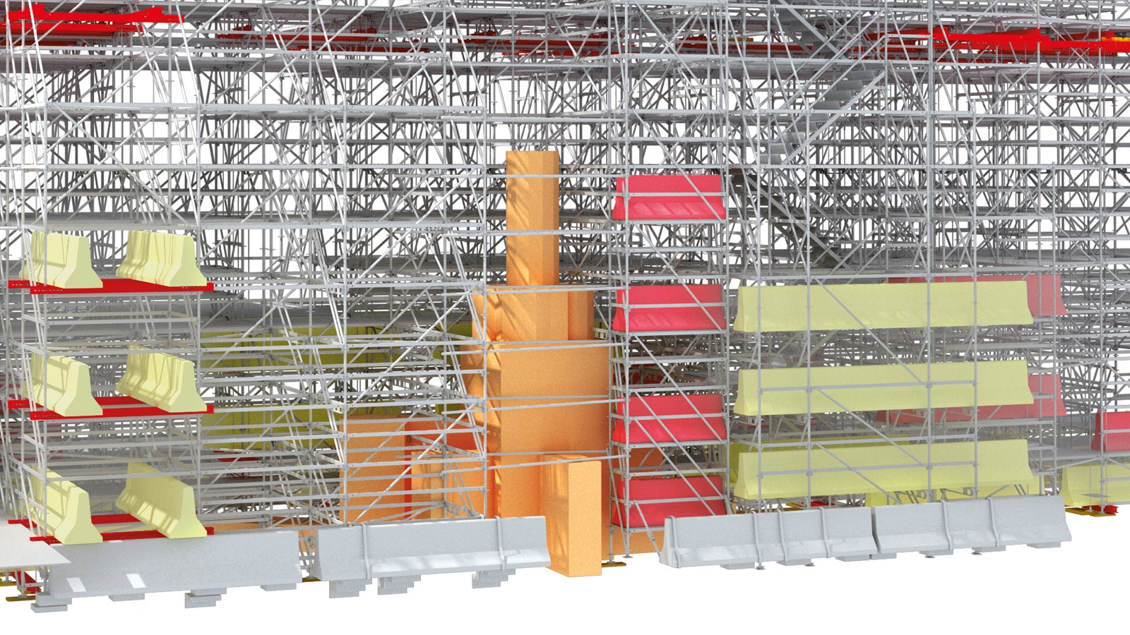 A mixture of ballast and flexible modular scaffold was built around the historic monument. 3D visualisation of the complex structure helped to protect the statue.<br/>(3D model: PERI Iberia)