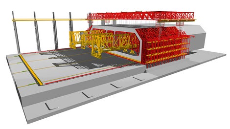 使用推进施工法浇筑三孔隧道：模板系统由三个带有行进系统的隧道模板，固定的外侧墙模和底板模板组成。