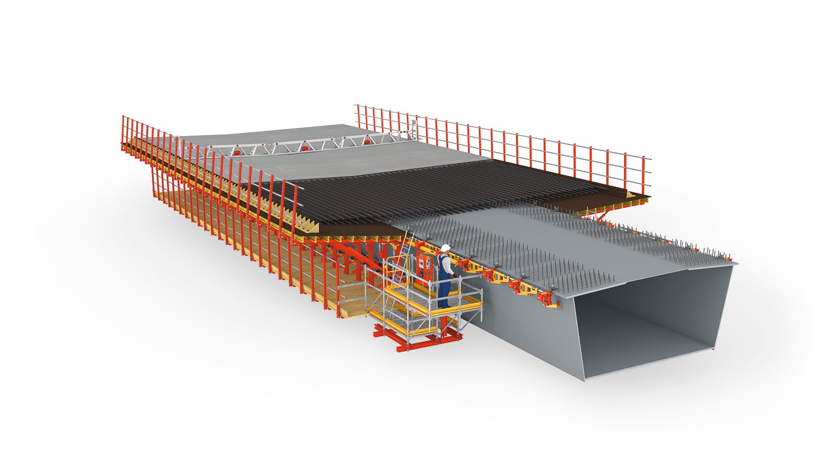 La VCT voie en encorbellement est une solution pour le bétonnage en place des ponts mixtes, pour laquelle aucun support de chariot de coffrage n’est nécessaire.