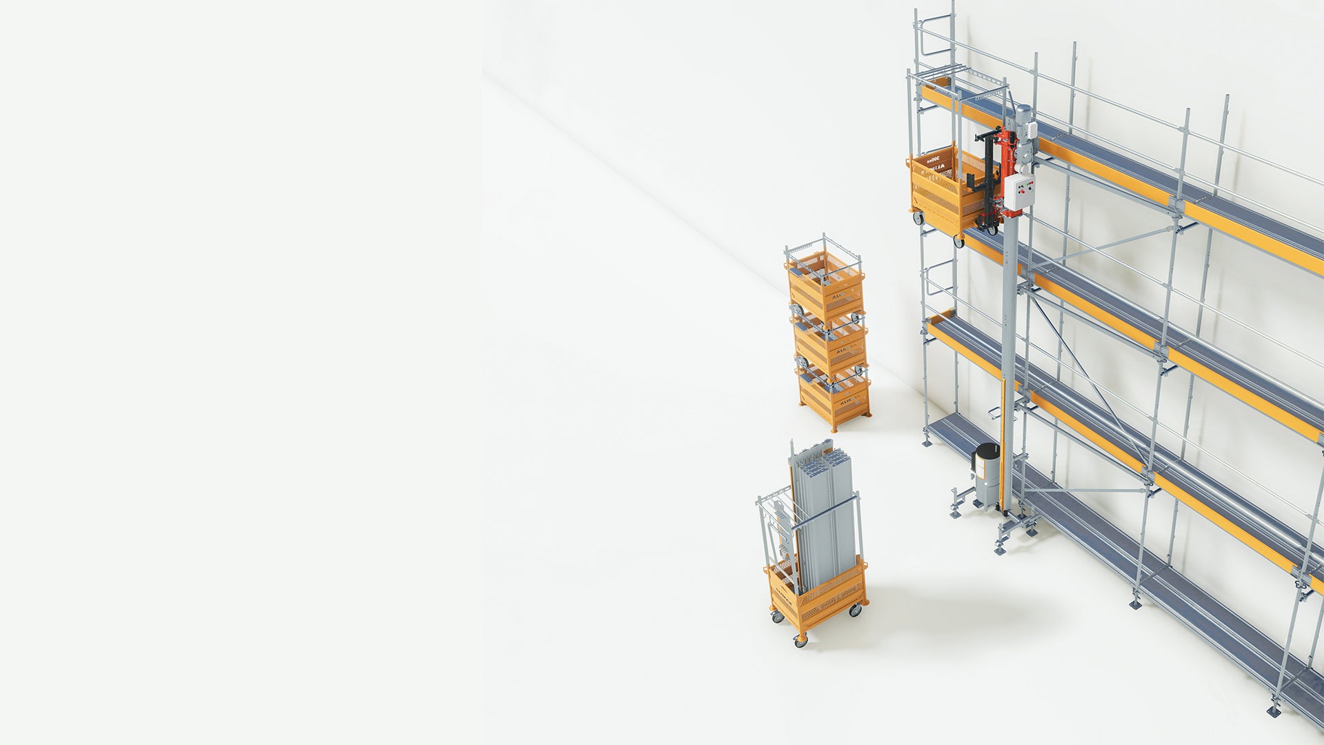 Dank der abnehmbaren Transportkörbe ermöglicht der ALIMAK STS neben dem vertikalen auch den horizontalen Transport von Gerüstbauteilen.