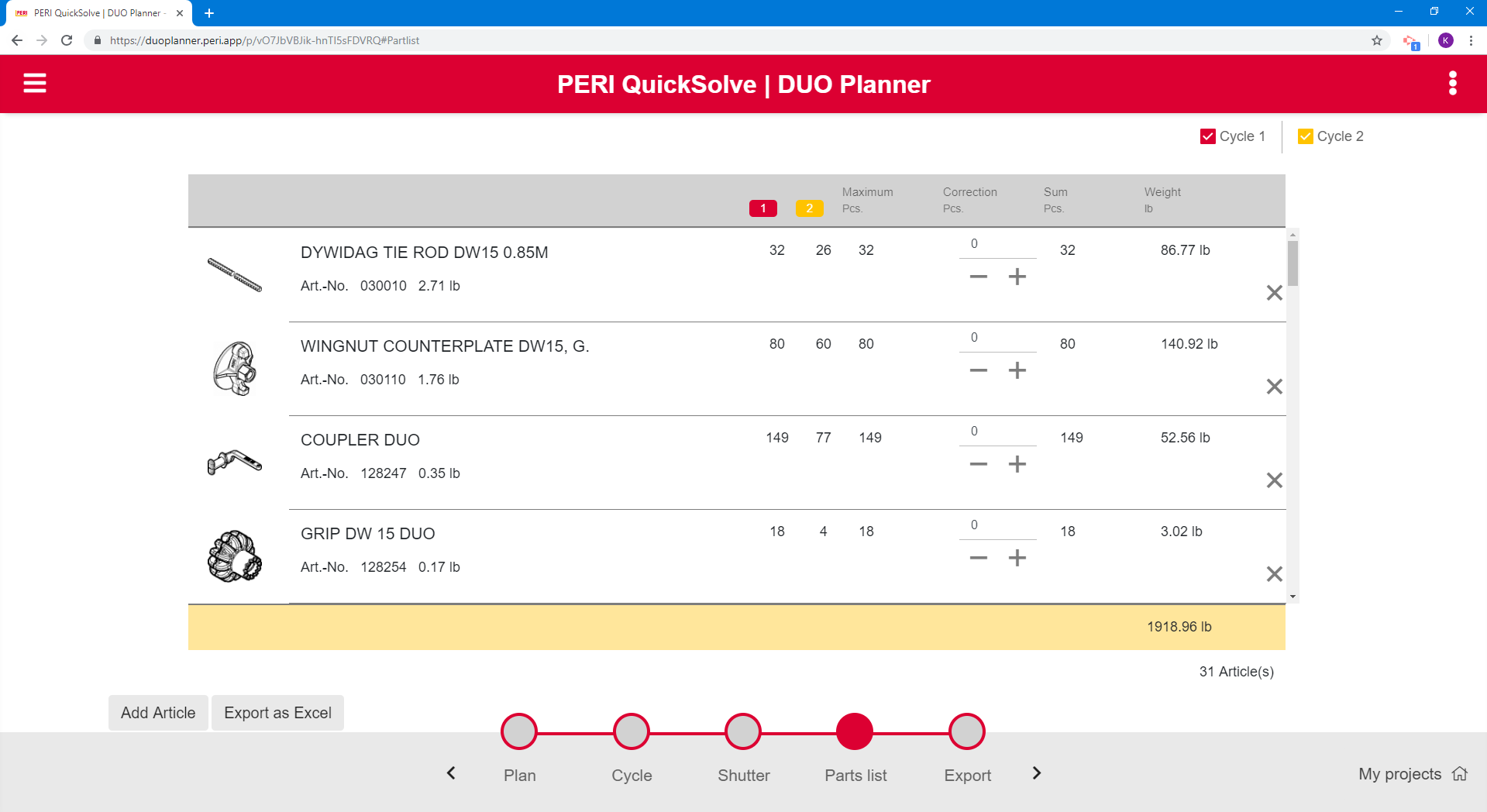 The app automatically creates a material list with all parts and pieces and quantities needed to achieve the desired layout.<br/>