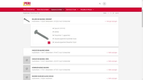 Die Artikelübersicht bietet Einblick in das gesamte PERI Sortiment. Artikelbilder und Gewichtsangaben erleichtern dessen Einsatz.