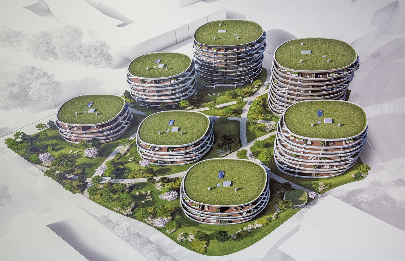 围绕建筑的弧形阳台为公寓建筑增加了奢华的外观元素，同时提高了居住品质和舒适度。