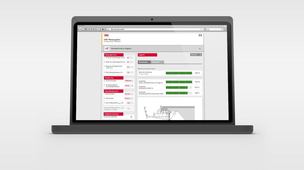 Con lo strumento di progettazione VGK, gli utenti possono determinare in modo semplice, rapido e preciso l'interasse ammissibile delle mensole leggere per cordoli VGK per diverse condizioni quadro