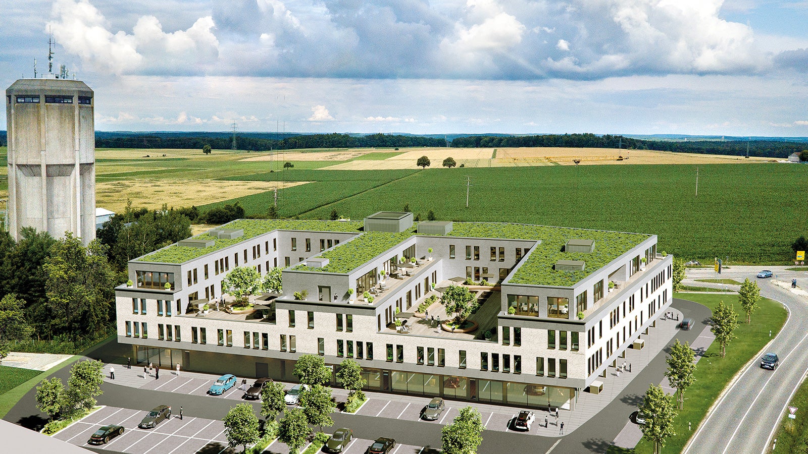 Entworfen wurde das „Jurament“ genannte Gebäude vom Architekturbüro Weiss in Eichstätt. Der Name Jurament erklärt sich aus einem Wortspiel, das den Standort in der Region Altmühl-Jura und den Baustoff Zement verbindet.<br/>(Grafik: Weiss Architekten / Agentur Junges Blut)<br/>