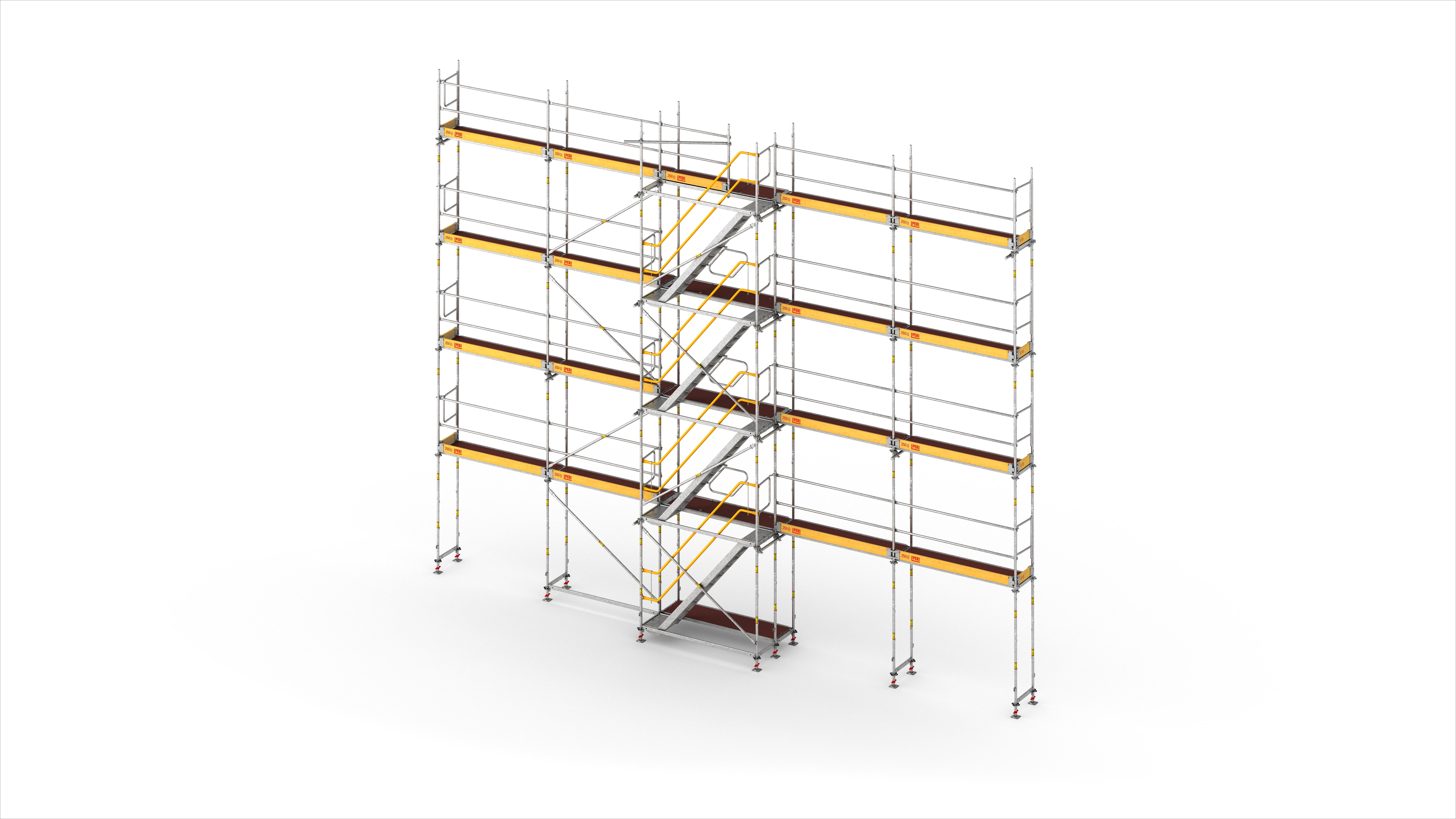 Die PERI UP Treppe in 67 cm Breite kann übergangslos über den integrierten Gerüstknoten des Easy Stiel oder Easy Rahmen an das PERI UP Fassadengerüst montiert werden.<br/>